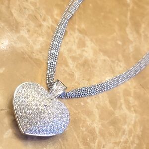 Glamorous Silver Heart Necklace with Pavé Crystals